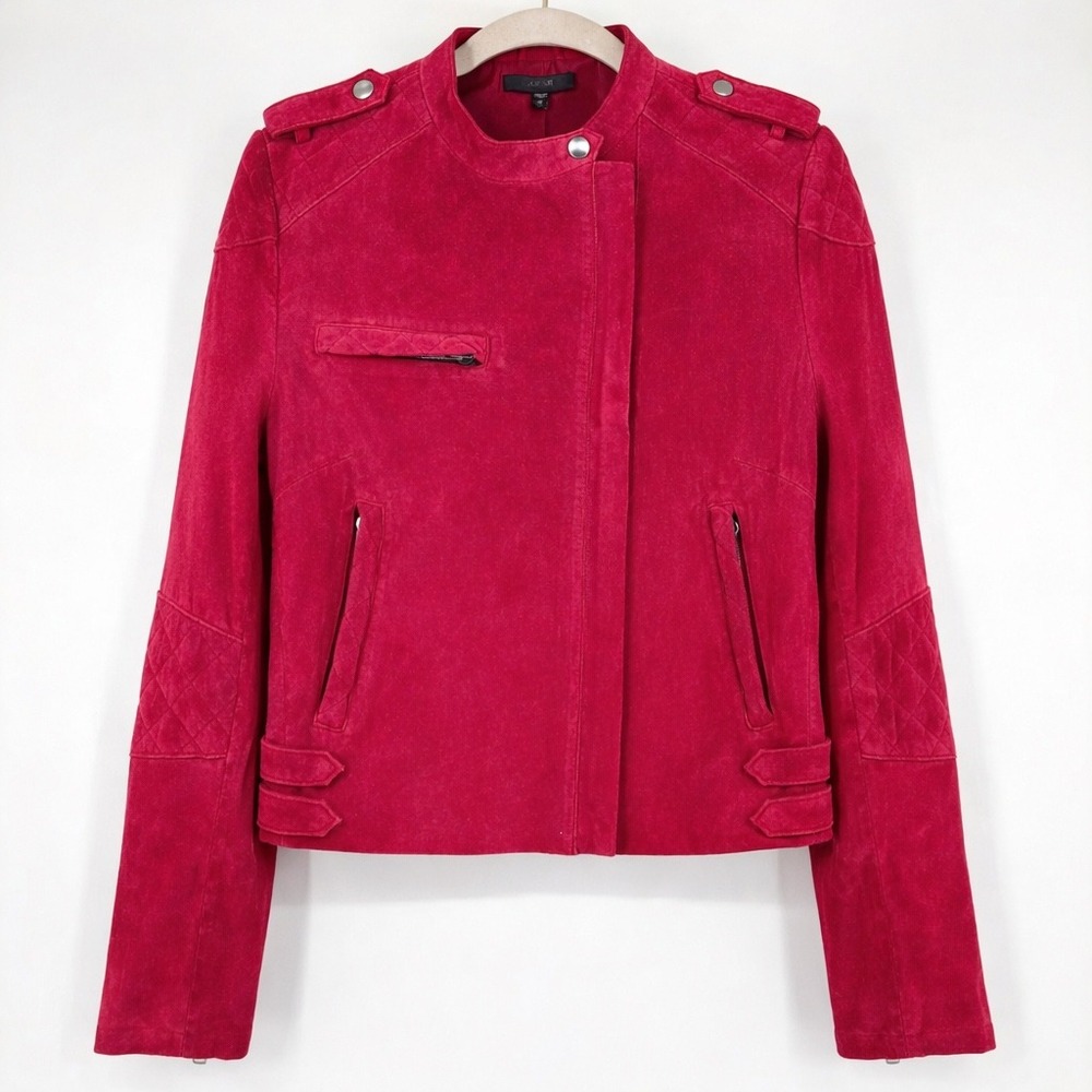JOES JEANS Real Suede Leather Moto Jacket Size M Cool Red Zip Accents Quilted